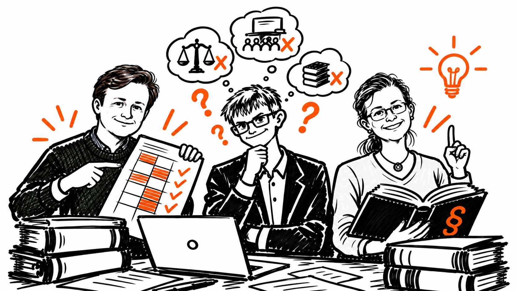 Gezeichnet: die drei Gäste am Tisch mit Büchern, Laptop und Lernplan – Gedankenblasen mit Fragezeichen, eine Glühbirne für die Idee.